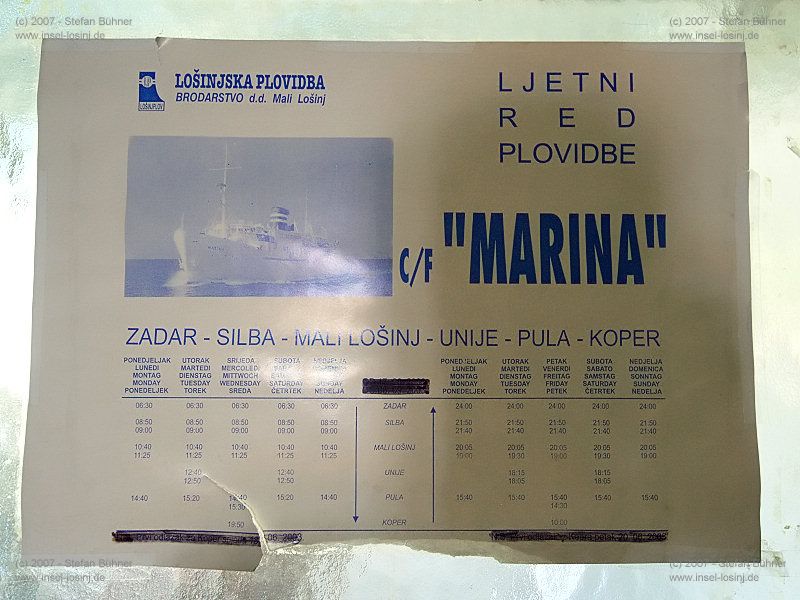 letzter Fahrplan des Motorschiffes Marina, damals von Zadar �ber Silba, Mali Losinj, Unije, Pula nach Koper